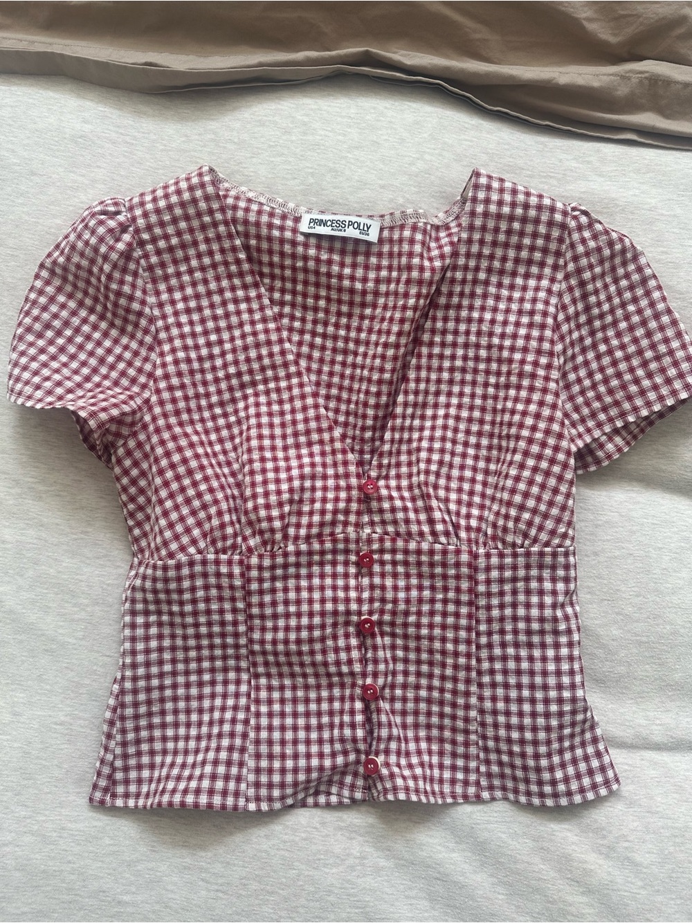 Princess Polly Pink and White Gingham V-Neck Button Top